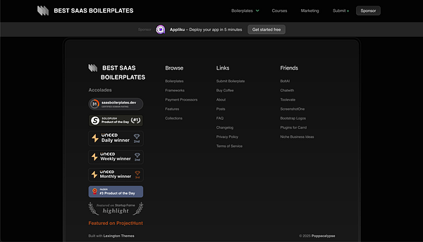 The image displays a dark-themed website layout for 'Best SaaS Boilerplates' featuring various accolades and links.