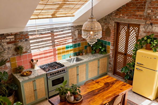 A Bohemian kitchen beneath a sloped skylight with a bamboo blind casts striped light onto exposed brick. The backsplash features square tiles in coral, mustard, and teal. Sage green base cabinets with woven rattan fronts support a speckled stone countertop and a rectangular concrete sink with a brass faucet. A beaded capiz-shell chandelier hangs over a live-edge wood table amid potted plants. At right, a retro buttery yellow refrigerator stands beside wooden lattice doors.