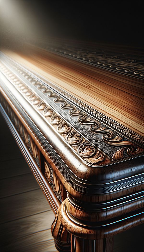 A close-up image of a wooden table edge with intricately inlaid metal banding along its perimeter, demonstrating an example of banding in furniture design.