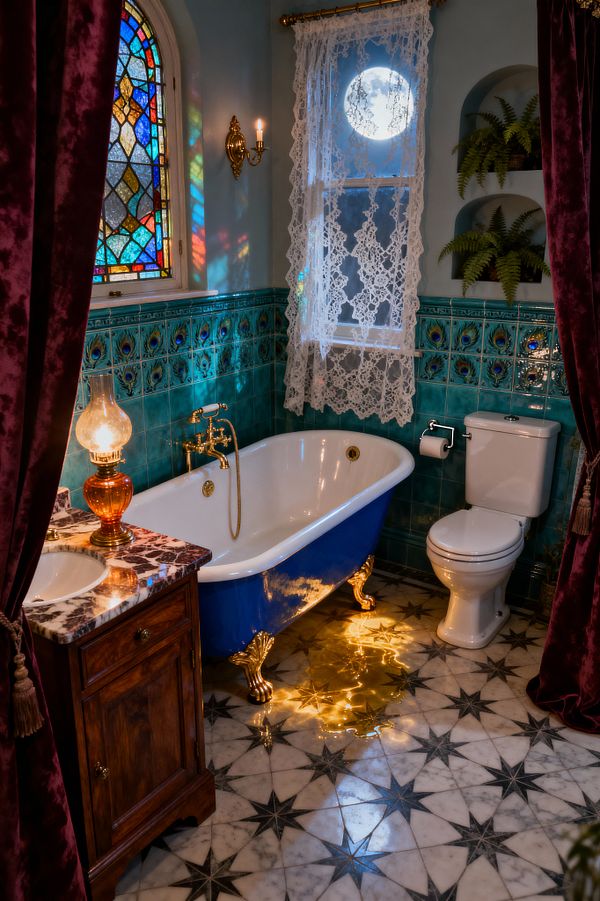 A Victorian-style bathroom featuring a deep blue clawfoot tub with gilt feet, brass faucet, and teal peacock-motif ceramic wainscoting, illuminated by an amber oil lamp and a brass wall sconce. A stained-glass arched window and lace-draped sash cast colorful patterns across a marble-topped mahogany vanity, star-pattern floor tiles, a white toilet, and arched niches with ferns, framed by burgundy velvet curtains.