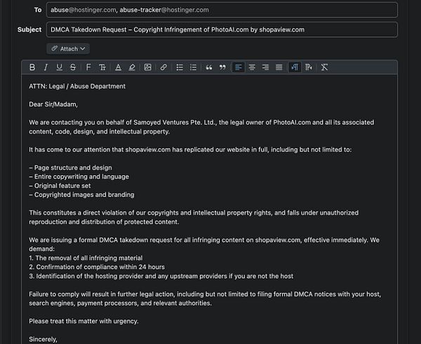 The image displays a DMCA takedown request email regarding copyright infringement.