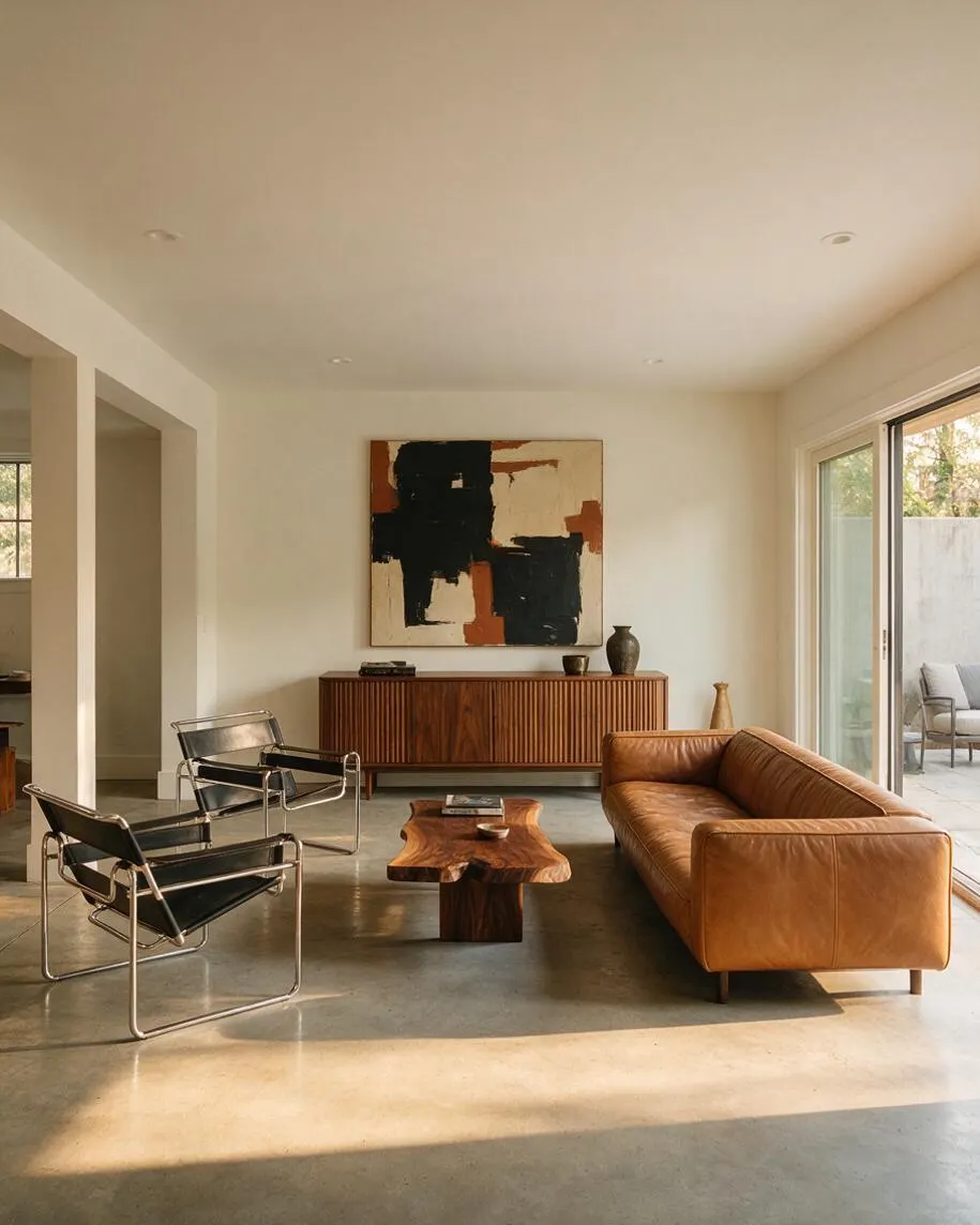 A modern basement living room with a caramel leather sofa, two black leather and chrome lounge chairs, a live-edge wood coffee table, and a slatted walnut sideboard beneath abstract wall art. Large sliding glass doors bring in natural light, while polished concrete floors and white walls keep the space clean and airy.