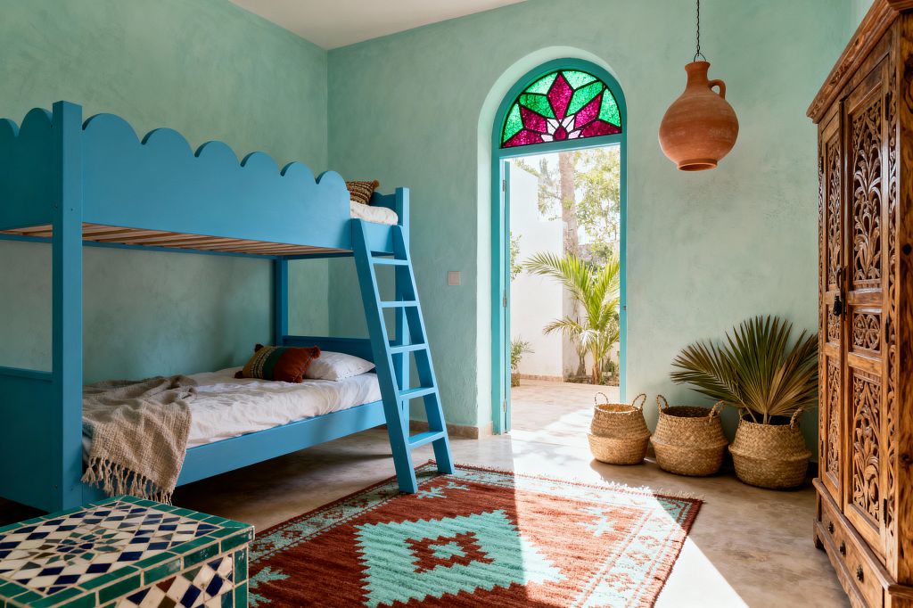 A sunlit kids’ bedroom with mint-green tadelakt walls features a bright turquoise bunk bed with scalloped guard and ladder. An arched door with turquoise frame and jewel-toned stained glass opens to a patio with palms. The floor holds a terracotta and aqua kilim rug, woven baskets, and a small zellige-tiled chest. A carved wooden armoire stands to the right, and a terracotta jug pendant hangs overhead on a smooth concrete floor.