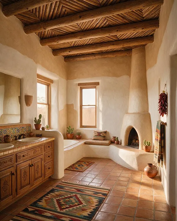 A Southwestern-style master bathroom with thick adobe walls, a rustic wood beam ceiling, terracotta tile floors, and a carved wood vanity with a colorful tiled backsplash. The room includes a built-in soaking tub, a kiva-style fireplace, woven rugs, and pottery accents, all lit by warm natural daylight from tall windows.