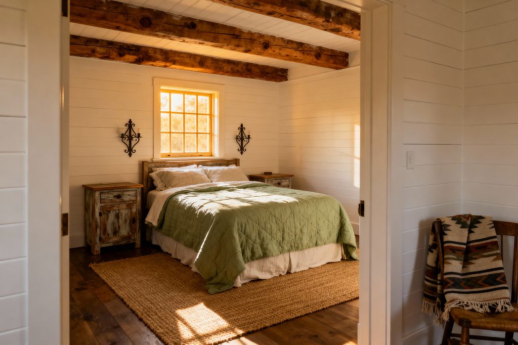 A cozy farmhouse bedroom with white shiplap walls and exposed rough-hewn ceiling beams. A wood-framed window above a reclaimed-wood bed with white linens and a sage green quilt is flanked by distressed nightstands and wrought-iron wall accents. A jute rug lies on wide-plank hardwood flooring, and a wooden chair with a patterned throw sits in the corner as warm afternoon light fills the room.
