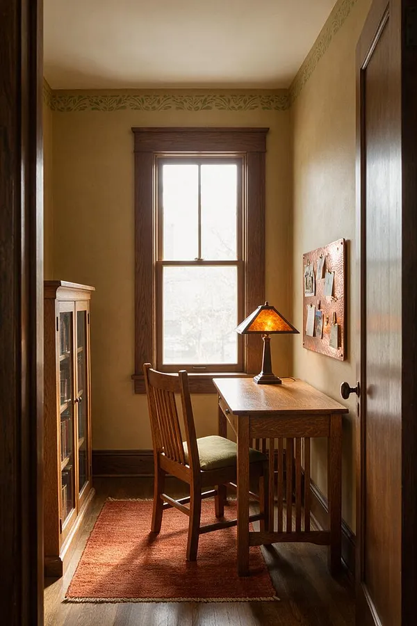 A narrow Craftsman-style home office with warm wood trim, a single window, and a small wooden desk paired with a matching chair. A table lamp with an amber stained-glass shade sits on the desk, while a rust-colored rug and a glass-front cabinet add warmth and vintage character.
