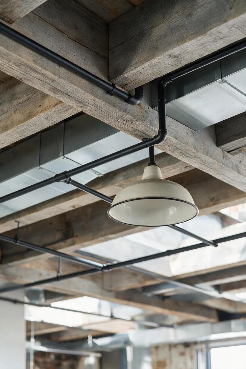 An industrial ceiling detail with weathered timber beams, black exposed metal pipes, and a white dome pendant light. The open ceiling reveals ducts, raw structural elements, and a utilitarian, loft-style finish.
