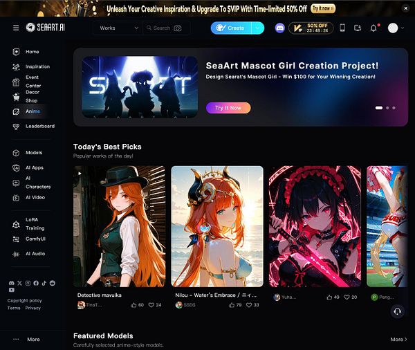 The image displays a user interface of the SeaArt AI platform, showcasing various anime-themed artworks and promotional content.