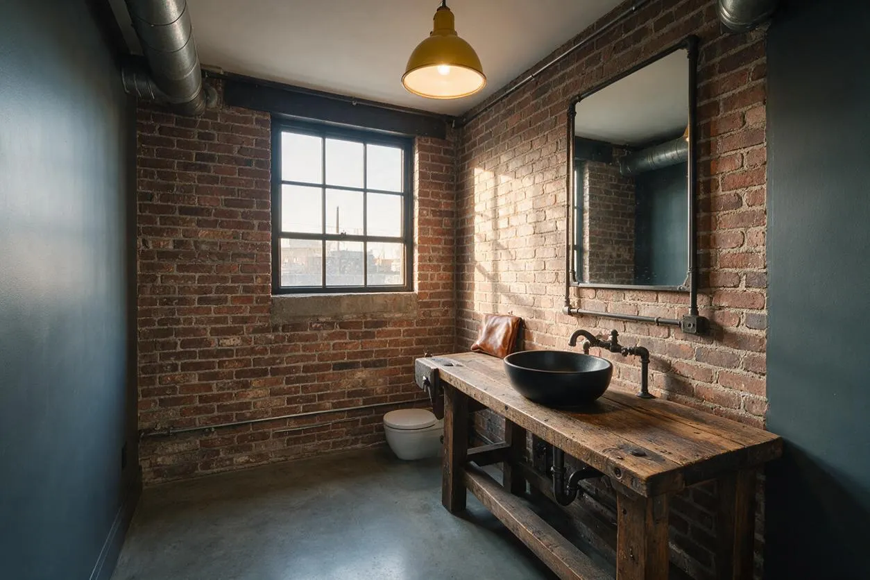 A compact powder room with exposed red brick walls, a concrete floor, and dark painted side walls. A reclaimed wood vanity with a black vessel sink and matte black plumbing sits beneath a tall framed mirror, lit by a single industrial pendant and natural light from a black-framed window.