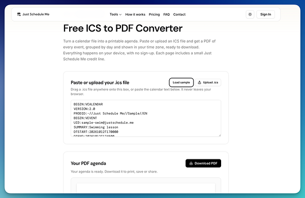 Webpage interface of a Free ICS to PDF Converter tool on Just Schedule Me site.