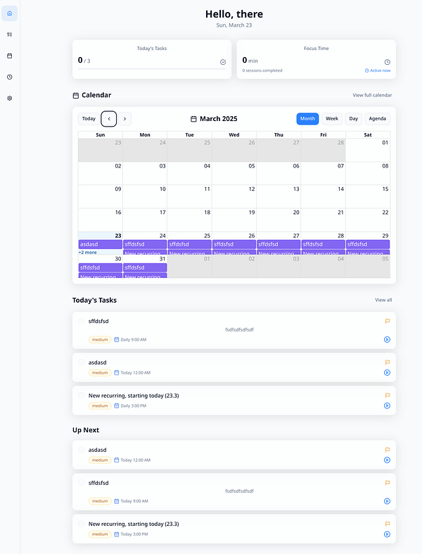 The image displays a task management dashboard featuring a calendar view for March 2025.
