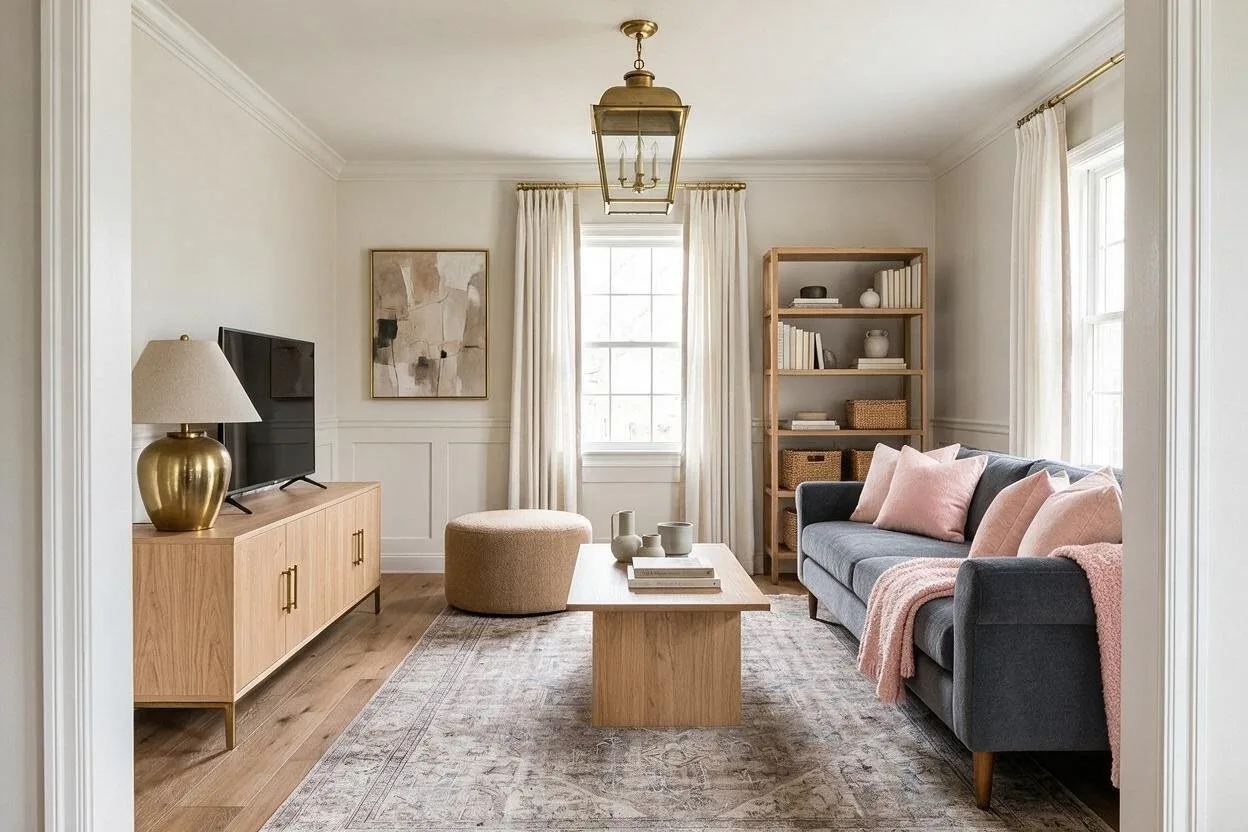The same Transitional living room in the Charcoal and Blush palette: pale greige, charcoal, light oak, blush, and brushed brass