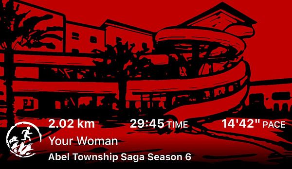 A running app interface displaying a completed workout with a red background and a stylized building.