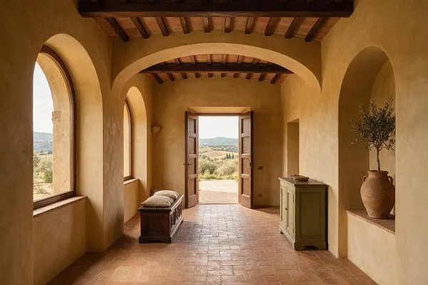 A warm Mediterranean entryway with plaster walls, arched openings, exposed dark wood ceiling beams, and terracotta floor tiles. The space includes a wooden bench with cushions, a small painted cabinet, and a clay vase with greenery beside an open doorway framing a scenic landscape.