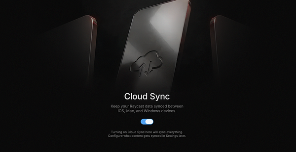 Dark-themed UI screen showing the Cloud Sync feature toggled on for Raycast data synchronization across devices.