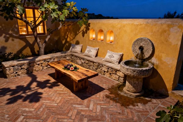 Nighttime patio with herringbone terracotta brick flooring, a low built-in bench of rough fieldstone topped with smooth stone seat slabs and four cream pillows with black geometric patterns, and a live-edge wood coffee table holding fresh figs. A warm ochre stucco wall has three arched candle niches and a carved circular stone fountain, while a mature fig tree casts broad shadows and a wood-framed window glows from the house, creating a rustic Mediterranean atmosphere.