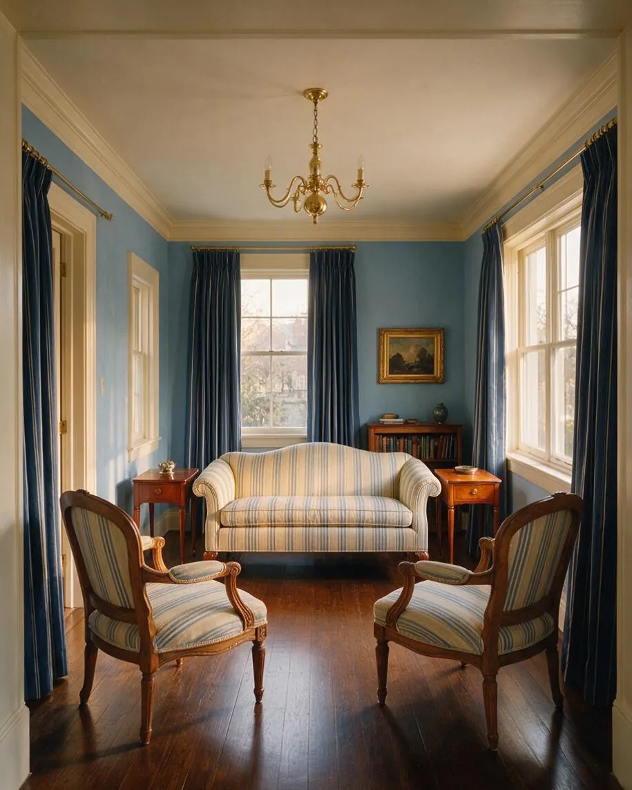 A traditional sunroom with light blue walls, tall windows, and deep blue curtains framing the space. The room includes a striped loveseat, two matching upholstered armchairs, small wooden side tables, a gold chandelier, and a dark wood floor that adds warmth.