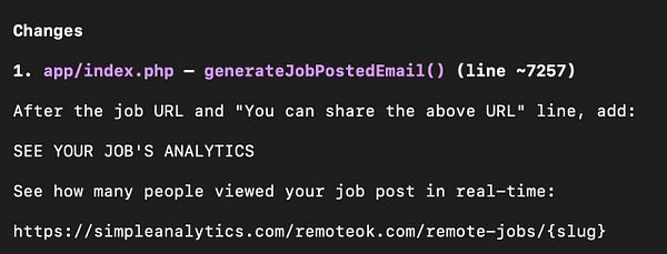 Screenshot of an email composition interface showing job application details with embedded links and analytics references.