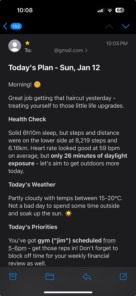 An email outlining a personal plan for the day, including health checks, weather, and priorities.