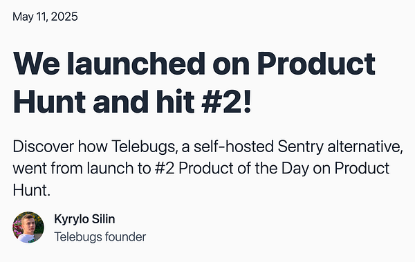 The image features a blog post announcement about Telebugs' success on Product Hunt.