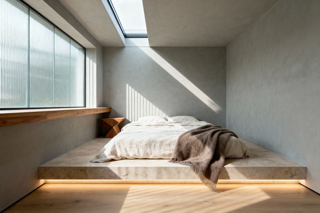 A minimalist bedroom with a low mattress rests on a thick travertine platform illuminated by a warm LED strip beneath. Smooth light-gray plaster walls, a pale oak floor, and a long floating oak ledge flank a large reeded-glass window; a skylight casts sharp diagonal sunlight across the wall and bedding dressed in natural linen with a taupe wool throw, while a small faceted oak stool serves as the bedside table.