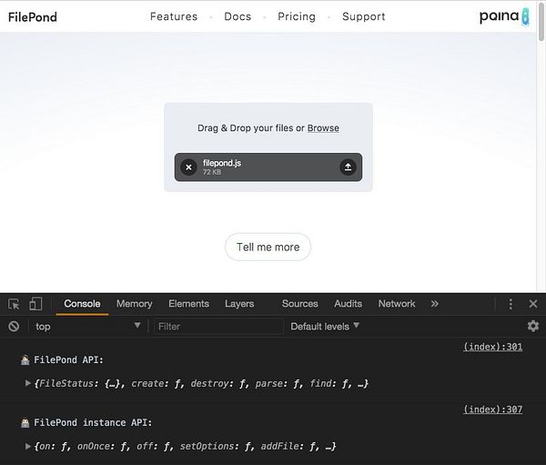 The image displays a web development console with FilePond API documentation and a file upload interface.