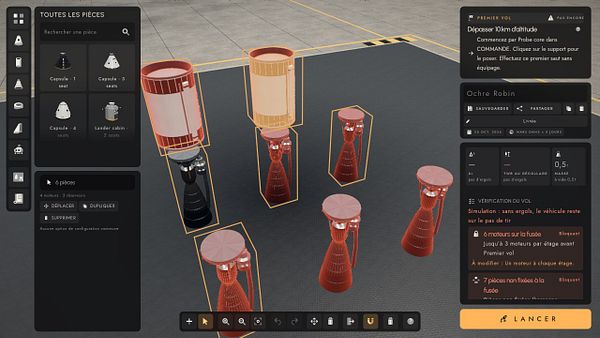 3D interface showing spacecraft engine parts selected and outlined with a side panel for managing parts and flight verification details.