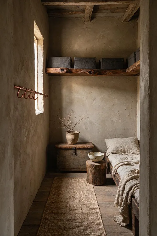 A narrow closet with plaster walls, exposed wooden ceiling beams, and a woven rug running down the center. A rough wood shelf holds fabric storage boxes, while a bench-style chest, a small stump table, and soft neutral bedding create a calm, handmade Wabi-Sabi atmosphere.
