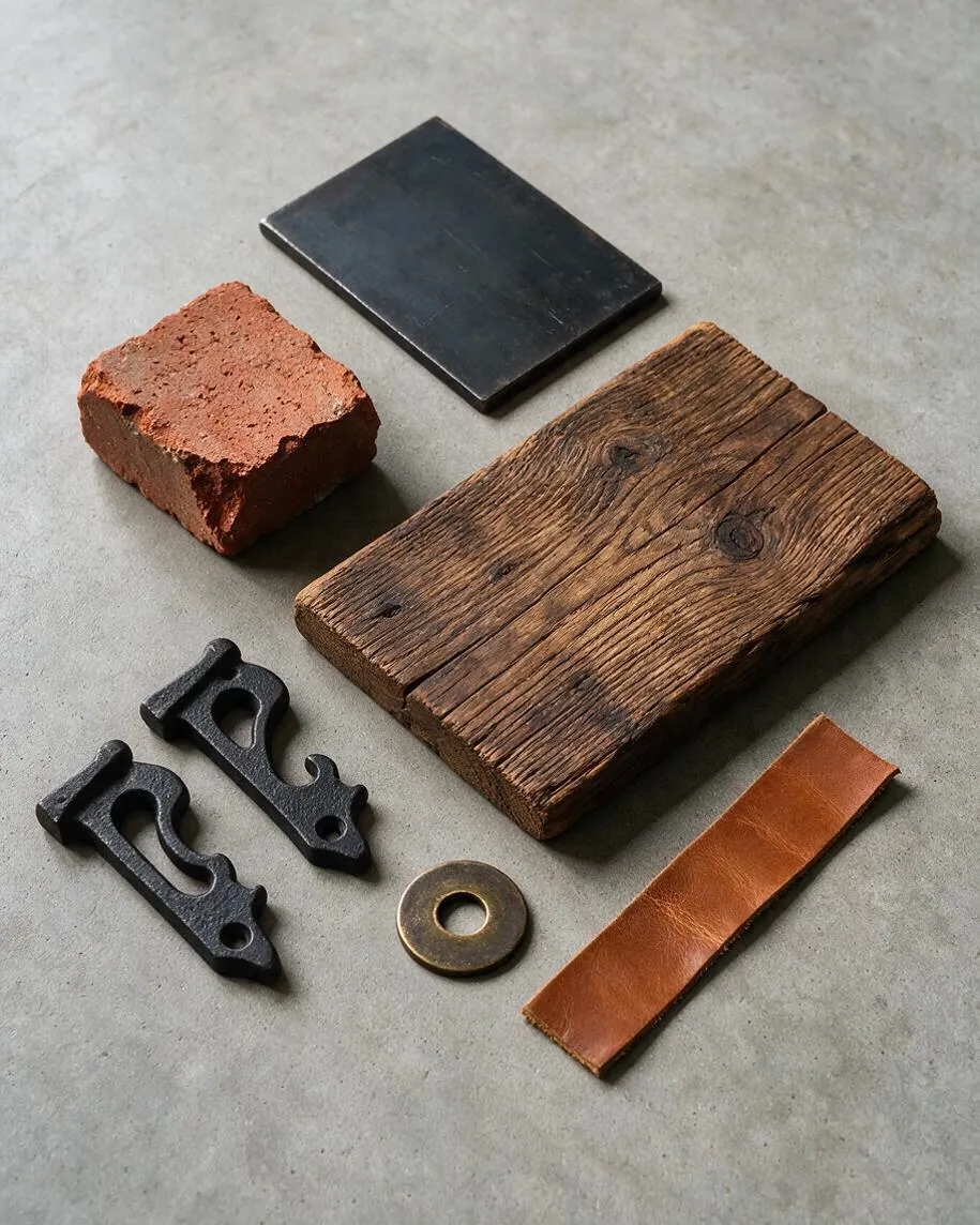 A flat lay of industrial-style materials on a light gray concrete surface, including a weathered wood plank, a red brick fragment, a black metal plate, two cast iron hardware pieces, a brass washer, and a strip of brown leather. The objects are arranged with ample spacing to highlight their textures and finishes.