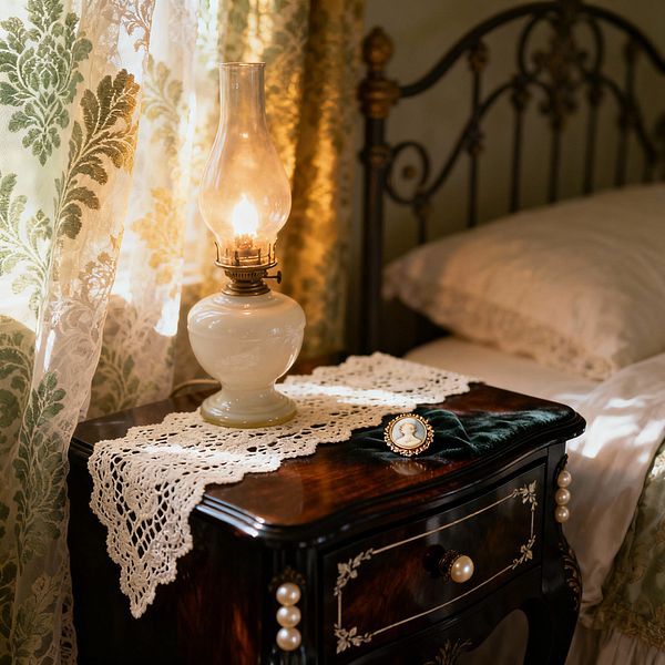 A close-up of a Victorian bedside shows a dark polished mahogany nightstand with floral inlay and pearl-like knobs, topped with a crocheted lace runner. A lit white porcelain oil lamp with a glass chimney glows beside a green velvet cloth and cameo brooch, while filtered light streams through lace curtains with sage damask patterns, revealing an ornate cast-iron bed with brass finials and layered white bedding.