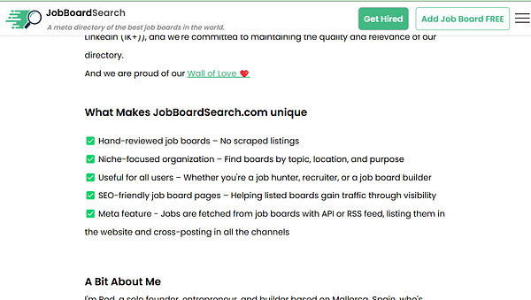 The image displays a section of the JobBoardSearch website highlighting its unique features and a personal introduction.