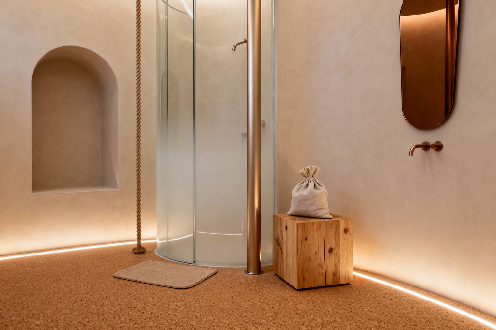 A minimalist home gym features smooth beige plaster walls and a curved, frosted-glass shower at center. A thick climbing rope hangs beside an arched wall niche, while warm LED cove lighting traces the perimeter over cork flooring. A knotty-wood cube bench holds a linen drawstring bag, and a small neutral mat sits near the shower. On the right, a bronze-tinted mirror and wall-mounted copper spout echo the bronze pole inside the shower.