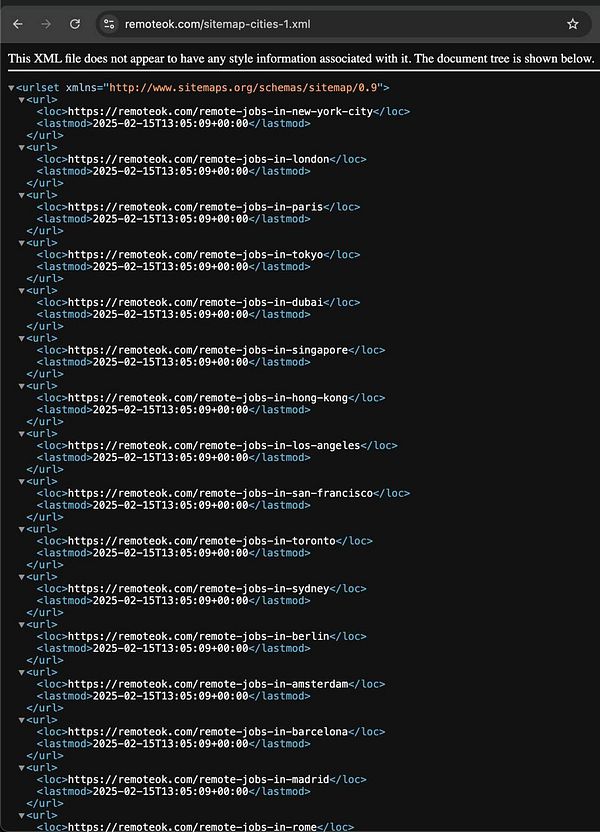 The image displays an XML sitemap for city-specific job pages on a website.