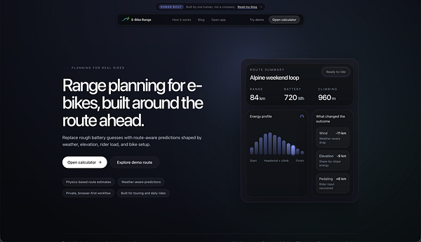 Screenshot of an updated e-bike range calculator landing page featuring an e-bike image and a user interface for inputting ride parameters.