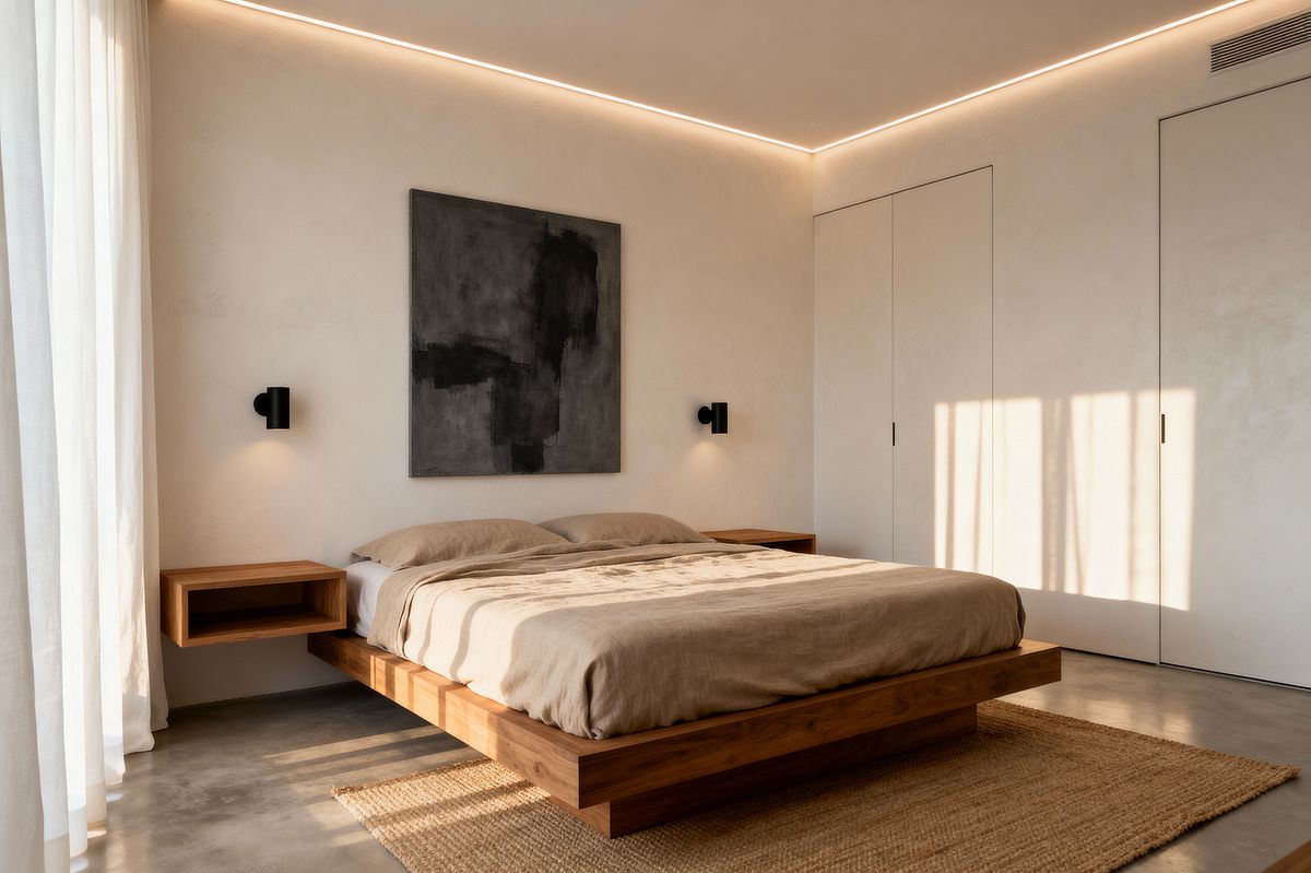 Room AI – Minimalist Bedroom with Solid-Wood Platform Bed - Interior