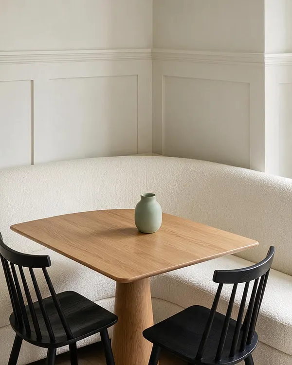A soft, curved banquette upholstered in creamy textured fabric wraps around a small square oak table. Two black spindle-back chairs sit at the table, which is styled with a simple pale green vase, against a light beige paneled wall with classic trim.