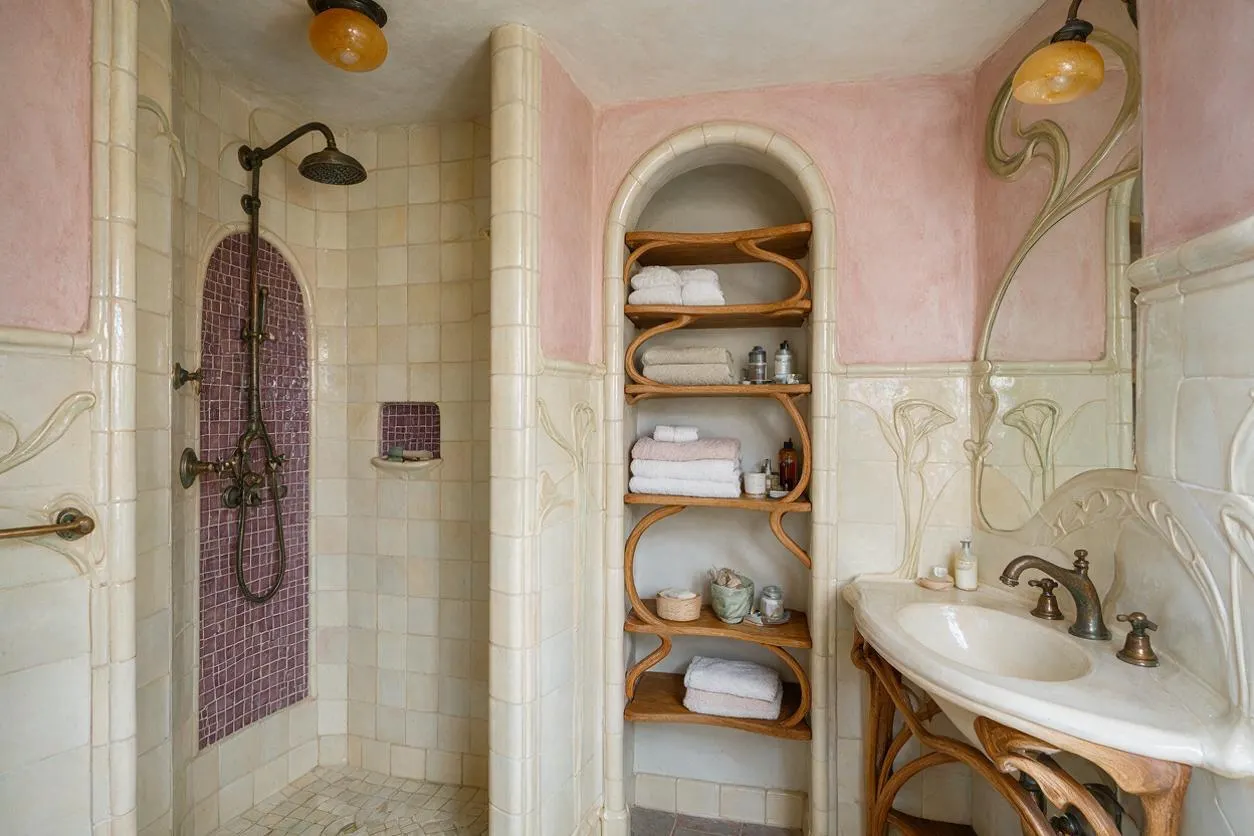 A master bathroom in Art Nouveau style with creamy tiled walls, blush pink plaster, and organic floral relief details. The space includes a curved shower with purple mosaic tile, an arched built-in shelf with wood storage, and a sculptural vanity with an oval sink and dark bronze fixtures.