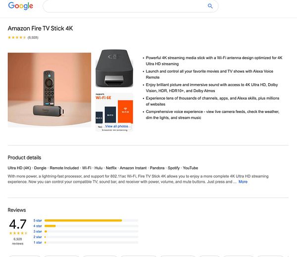 The image displays an Amazon Fire TV Stick 4K along with its remote and product details.