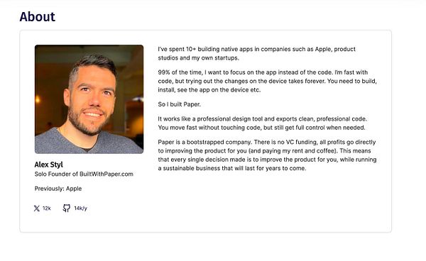 The image features an 'About' section for Alex Styl, detailing his professional background and the purpose of his company, Paper.