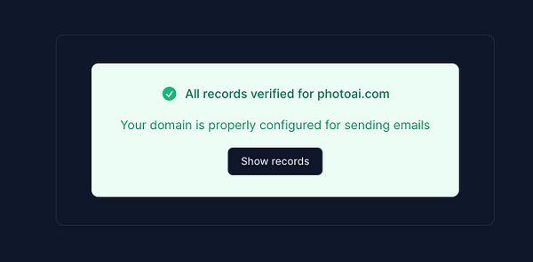 The image displays a confirmation message indicating successful domain verification for email sending.