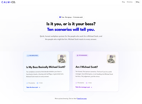 Dashboard interface displaying quiz creation and marketing options in a business application.