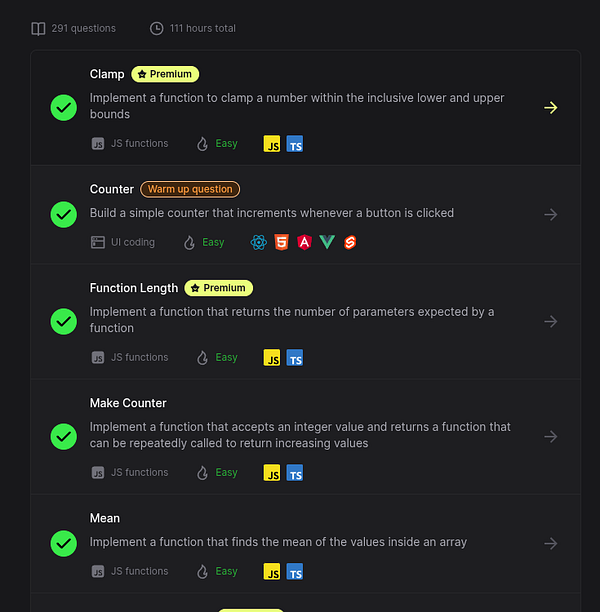 The image displays a task list for coding challenges with various statuses and details.