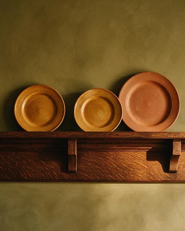 A close-up of three round ceramic plates in warm earthy tones displayed on a dark stained wooden shelf against a muted olive green plaster wall. The shelf has visible grain, simple bracket supports, and a handcrafted Craftsman look.