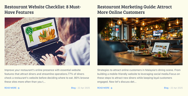 The image features two articles related to restaurant marketing and website optimization.