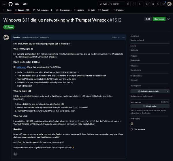 Screenshot of a Windows 3.11 virtual machine running in v86 with the Accessories Start menu open showing various programs.