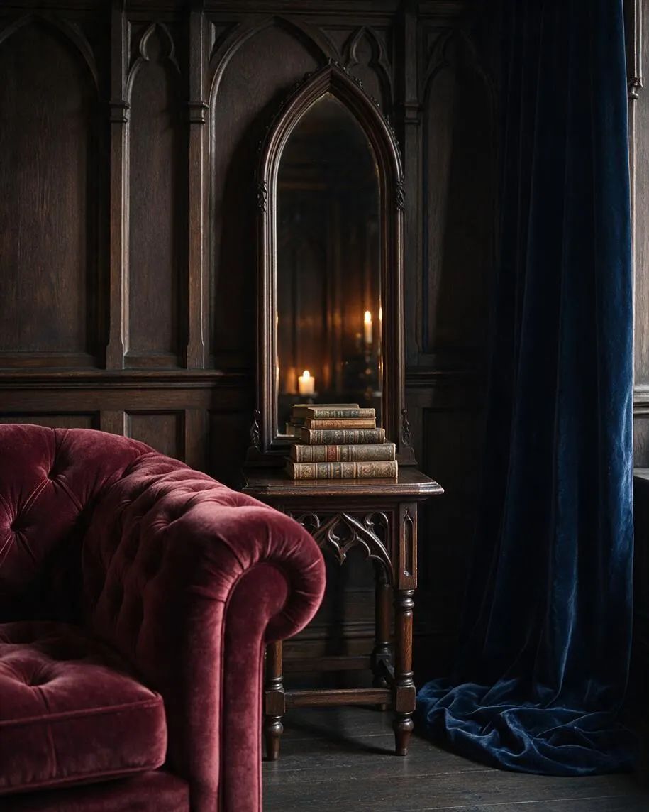 A dark Gothic-inspired interior with carved wood wall panels, an arched mirror above a small wooden side table, and a stack of old books beside candlelight. A deep burgundy velvet sofa fills the left side, while rich navy drapery pools on the floor at the right.