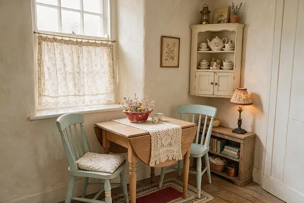 A small cottagecore dining nook with a rustic wooden drop-leaf table, two pale blue painted chairs, and a lace runner under a red floral bowl centerpiece. Soft cream walls, a floral curtain over the window, a wall cabinet filled with teacups, and a warm table lamp create a cozy, vintage atmosphere.