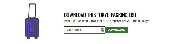 The image features a call-to-action to download a Tokyo packing list.