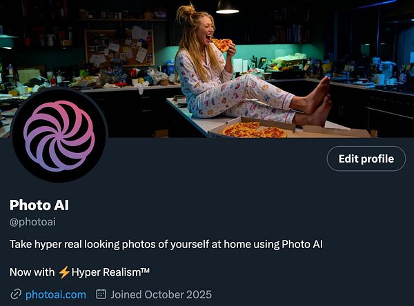 A woman in pajamas enjoys pizza in a cluttered kitchen while showcasing a social media profile for Photo AI.