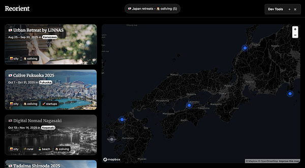 The image displays a redesigned filter UI for a platform showcasing various retreats in Japan.